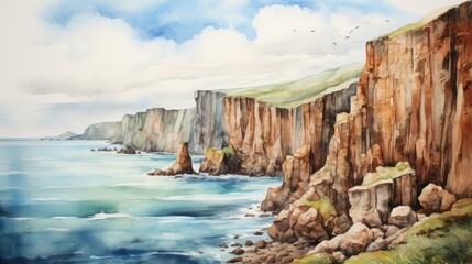 Generative AI Towering cliffs overlooking the ocean. aquarelle
