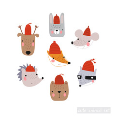 Funny forest animals in hats