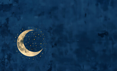 fête musulmane, islamique, Ramadan, Carême, motifs mauresques et arabes, croissant de lune et étoiles sur fond foncé comme la nuit avec espace négatif pour texte copyspace