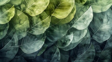 Fototapeta premium A vibrant array of leaves in an artistic style, using watercolor techniques and a light green and dark gray color palette, presented in ultra-high definition