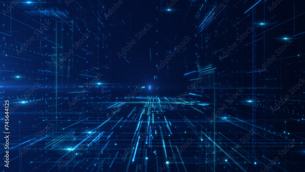Fototapete vivid blue digital network with streaming data particles, symbolizing fast digital communication and