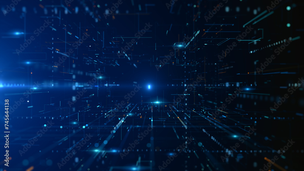 Aufkleber Deep blue cyber space with dynamic digital lines and dots, depicting high speed data transfer and network technology. 3d rendering