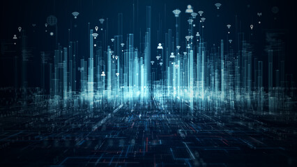 Dynamic illustration of a smart city network with digital connectivity lines and icons, symbolizing urban internet of things infrastructure. 3d rendering