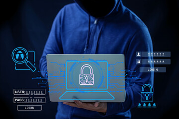 Hacker and Internet technology Crime with digital abstract hologram data background.
