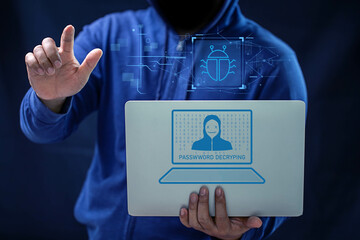 Hacker and Internet technology Crime with digital abstract hologram data background.
