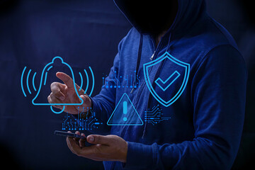 Hacker and Internet technology Crime with digital abstract hologram data background.