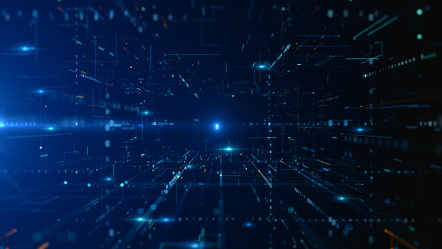 Deep blue cyber space with dynamic digital lines and dots, depicting high speed data transfer and network technology. 3d rendering