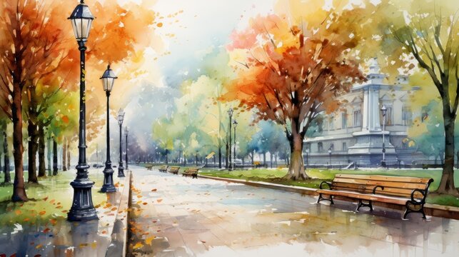 Generative AI Urban parks with colorful foliage. aquarelle