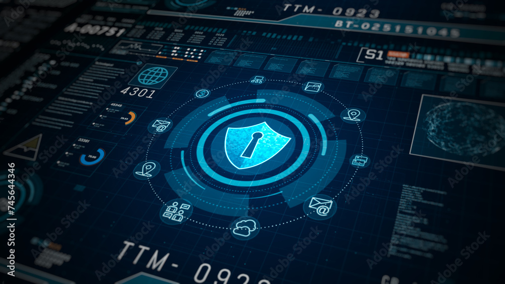 Poster data analytics, and network monitoring visuals, advanced cybersecurity dashboard with encryption shi