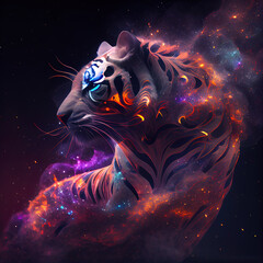 Tiger from Galaxies spirals space nebula stars smoke. AI render - obrazy, fototapety, plakaty