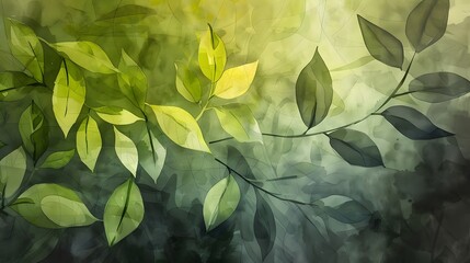 A vibrant array of leaves in an artistic style, using watercolor techniques and a light green and dark gray color palette, presented in ultra-high definition