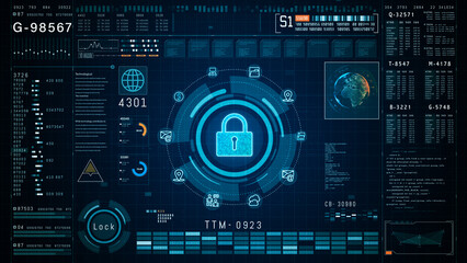 Futuristic interface showcasing a digital encryption lock, surrounded by data analytics and secure network protocols, for advanced cybersecurity strategies. 3d rendering - obrazy, fototapety, plakaty