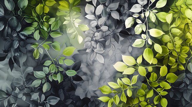 A vibrant array of leaves in an artistic style, using watercolor techniques and a light green and dark gray color palette, presented in ultra-high definition