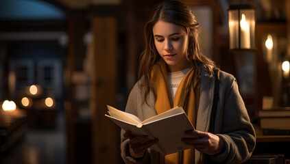 Young female woman student standing in a library while reading a book. Glowing Book of Knowledge. Concept of Illuminated Learning, Reading, Thirst for Knowledge, Youthful Curiosity, Educational
