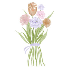 Flower bouquet arrangement with ribbon painted in watercolor