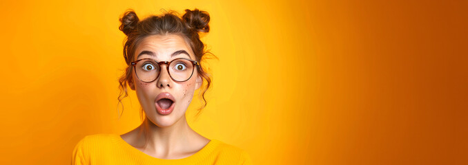 Woman's Surprise on Yellow.
A surprised young woman with glasses and hair buns against a yellow background.