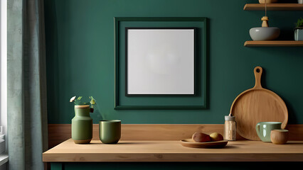 Mock up poster frame in kitchen interior on empty green color wall background.