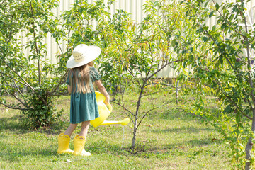 Child girl in yellow rubber boots, green summer dress and straw hat watering fruit tree with watering pot in a summer or autumn outdor in garden at home. Kid helping her parents to take care of plants © Irina Mikhailichenko