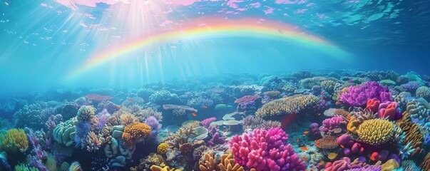 Vibrant coral reef teeming with life, underwater rainbow, conservation message
