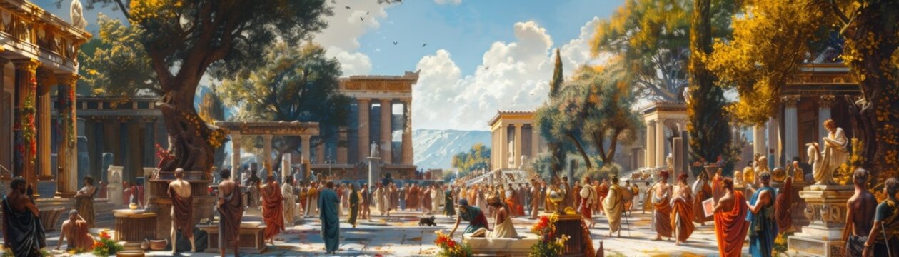 Vibrant Ancient Greece agora, philosophers debating, rich cultural tapestry