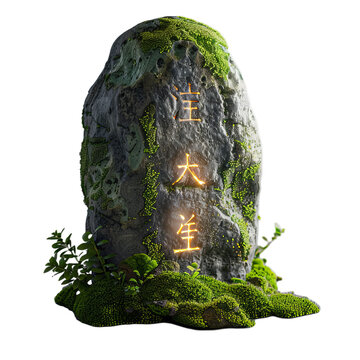 moss covered stone with a glowing inscript isolated on transparent background, png