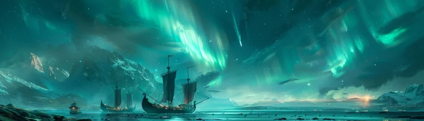 Fotobehang Viking longships under a 5G sky, digital auroras, merging eras © AlexCaelus