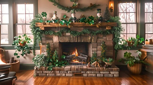 A cozy fireplace adorned with Irish-themed decorations like leprechaun figurines and green garlands,St. Patrick's Day
