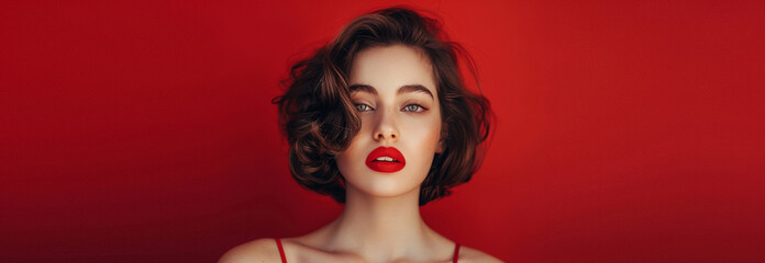 Serious young woman with red lips, styled hair isolate on red background