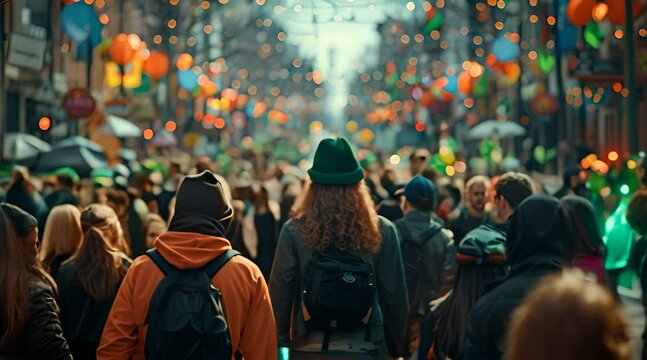 a bustling St. Patrick's Day street festival, capturing the excitement and energy of the crowd,St. Patrick's Day
