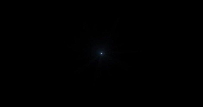 Lens optical light star glows with flickering animated background. 4K. The effect of bright starlight on a black background. Star fire, flare, shiny artistic background.
