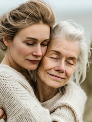 Tender Moment Between Adult Daughter and Elderly Mother, Intimate Family Embrace
