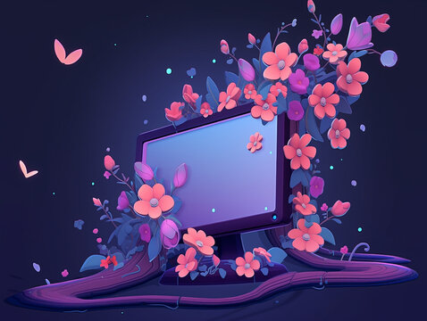 Tech meets a computer screen with cute flowers cascading over the edges, symbolizing growth
