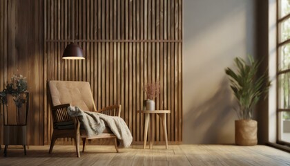 Fototapeta na wymiar Cozy Simplicity: Living Room Interior Mock-Up with Wooden Accents and Blanketed Chair