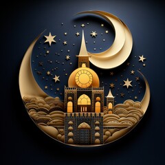 Ramazan paper mosque and moon crescent. Night illustration, quilling paper craft