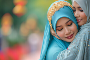 Daughter embracing mother during eid celebration in Malaysia  - obrazy, fototapety, plakaty