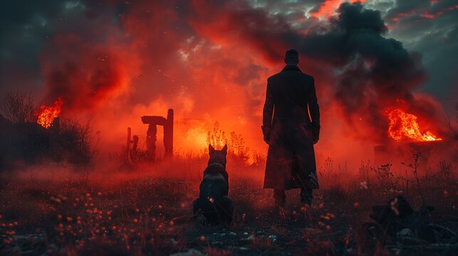 Fantasy style: Doberman and human in a movie scene.