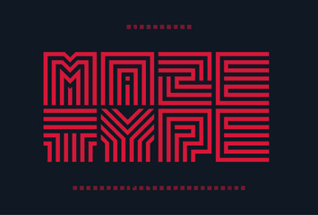 Square maze alphabet, bold geometric letters, unique puzzle font for creative logo, engaging headline. Abstract labyrinth typographic design for branding, poster, print, card, art. Vector typeset.