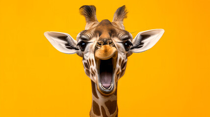 Portrait of cute giraffe.  Funny giraffe isolated on yellow background