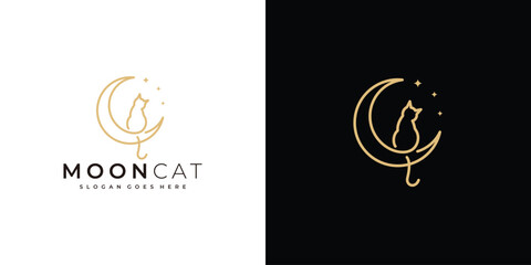 Creative Moon Cat Logo. Crescent and Cat with Linear Outline Style. Pet Logo Icon Symbol Vector Design Template. © oinbrand