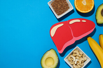 Paper mockup of liver and food on blue background, space for text