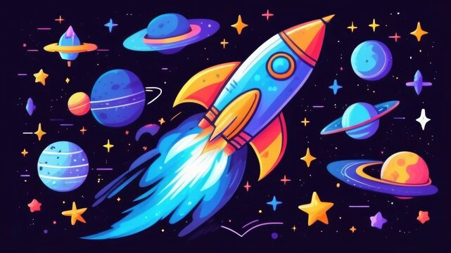 Colorful picture of rocket flying in outer space, planets, satellites, falling meteor and asteroids in starry sky, dark background, Cosmonautics Day concept, greeting card illustration