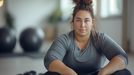 Plus size caucasian woman practicing yoga in gym