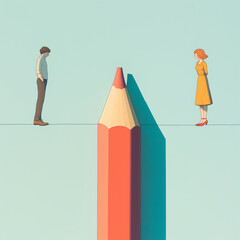 Feminist Expression: Man and woman Balancing on Pencil with Bold Color Contrast