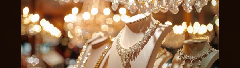 A luxury jewelry boutique showcases exquisite necklaces on mannequins, sparkling under the glamorous lights of the display.