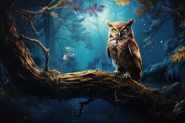 Owl perched on tree branch with view of moonlit forest 
