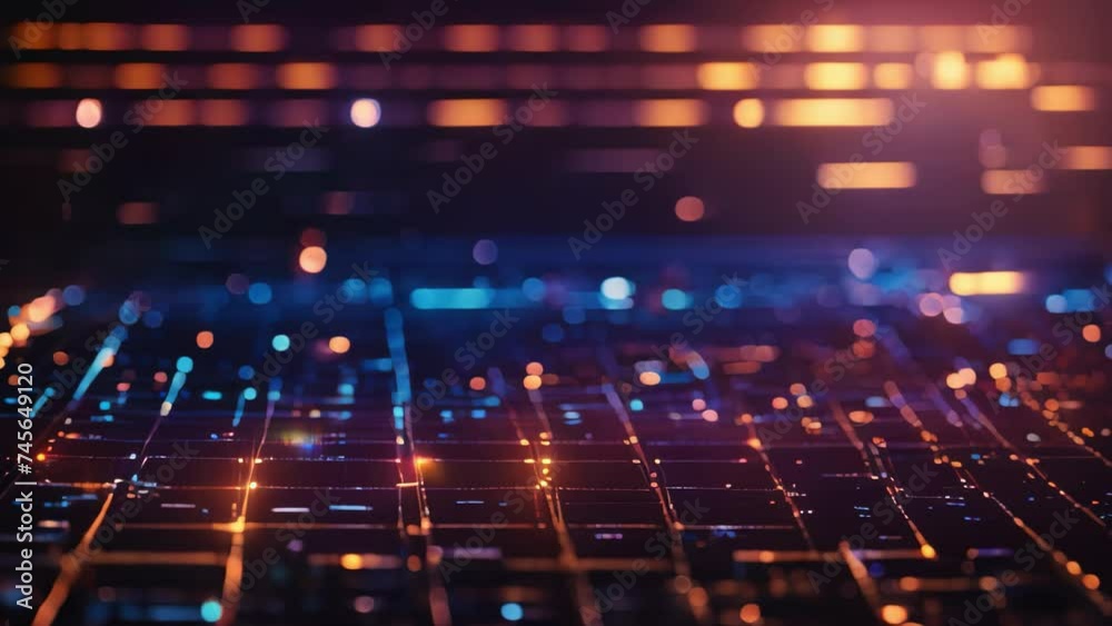 Poster detailed view of computer keyboard with illuminated keys, surrounded by blurred lights, futuristic d