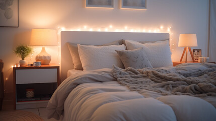 Stylish interior of bedroom late in evening
