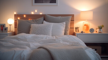 Interior of bedroom with green blankets on bed, burning candles and glowing lamp at night
