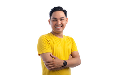 Portrait of handsome Asian man posing with crossed arms and smiling at camera isolated on white background