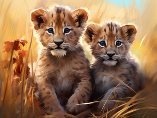 Two lion cubs. Digital art.